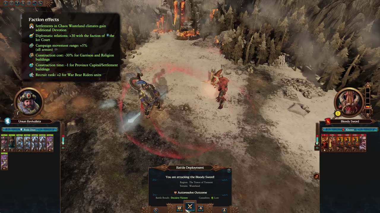 Boris Ursus campaign start in the Chaos Wastes. Faction Effects panel lists bonuses: additional devotion for Chaos Wasteland settlements, improved diplomatic relations with the Ice Court, +5% campaign movement, -30% cost for garrison and religion buildings, -1 construction time for province capital/settlement buildings, and +2 recruit rank for War Bear Riders units.