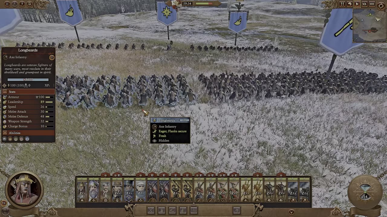 Dwarf longbeard infantry unit selected as the frontline, with unit stats visible, positioned ahead of Empire gunpowder units in formation on a snowy battlefield.