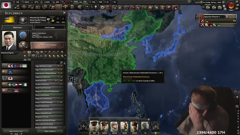 Hearts of Iron IV diplomacy menu open on Manchurian Federated Provinces, campaign map visible with presenter in bottom right and a tooltip stating 'Supplies everything'.