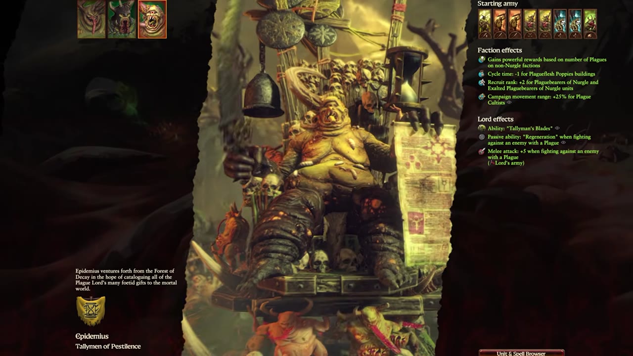 Epidemius campaign start screen displaying Tallymen of Pestilence, starting army units, faction effects like plague bonuses and cultist movement, and lord abilities including regeneration and extra melee attack against plagued enemies.