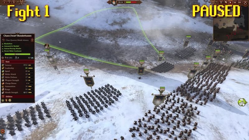 Paused battle screen with Chaos Dwarf blunderbusses in front in a box formation, archers behind, and infantry units on both flanks; unit stats for blunderbusses shown on the left.