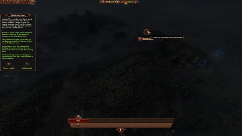 Gardens of Morr settlement option screen with tooltip, left panel explaining teleport and build availability, and location details for Nuln. Teleport and build icons are visible.