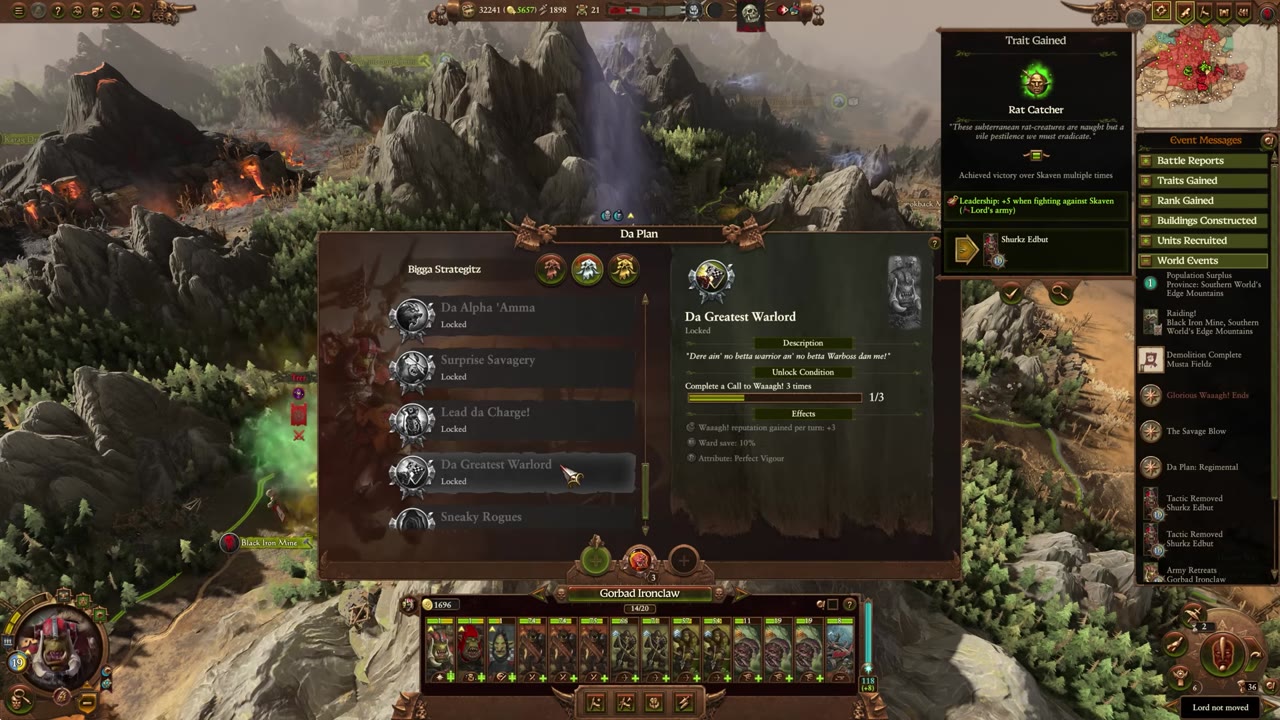 Gorbad Ironclaw's Plans screen open, showing Bigga Strategitz plan options: Da Alpha 'Amma, Surprise Savagery, Lead da Charge!, Da Greatest Warlord (locked; requires completing a Call to Waaagh 3 times), and Sneaky Rogues. Effects and unlock requirements are visible for Da Greatest Warlord.