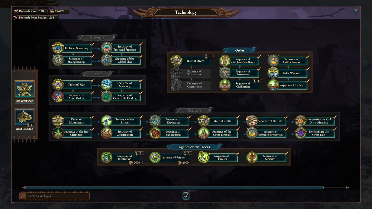 Technology screen showing Lizardmen tech tree with 'Determining the Great Plan' and related unlocks visible, research rate 260, surplus 214.