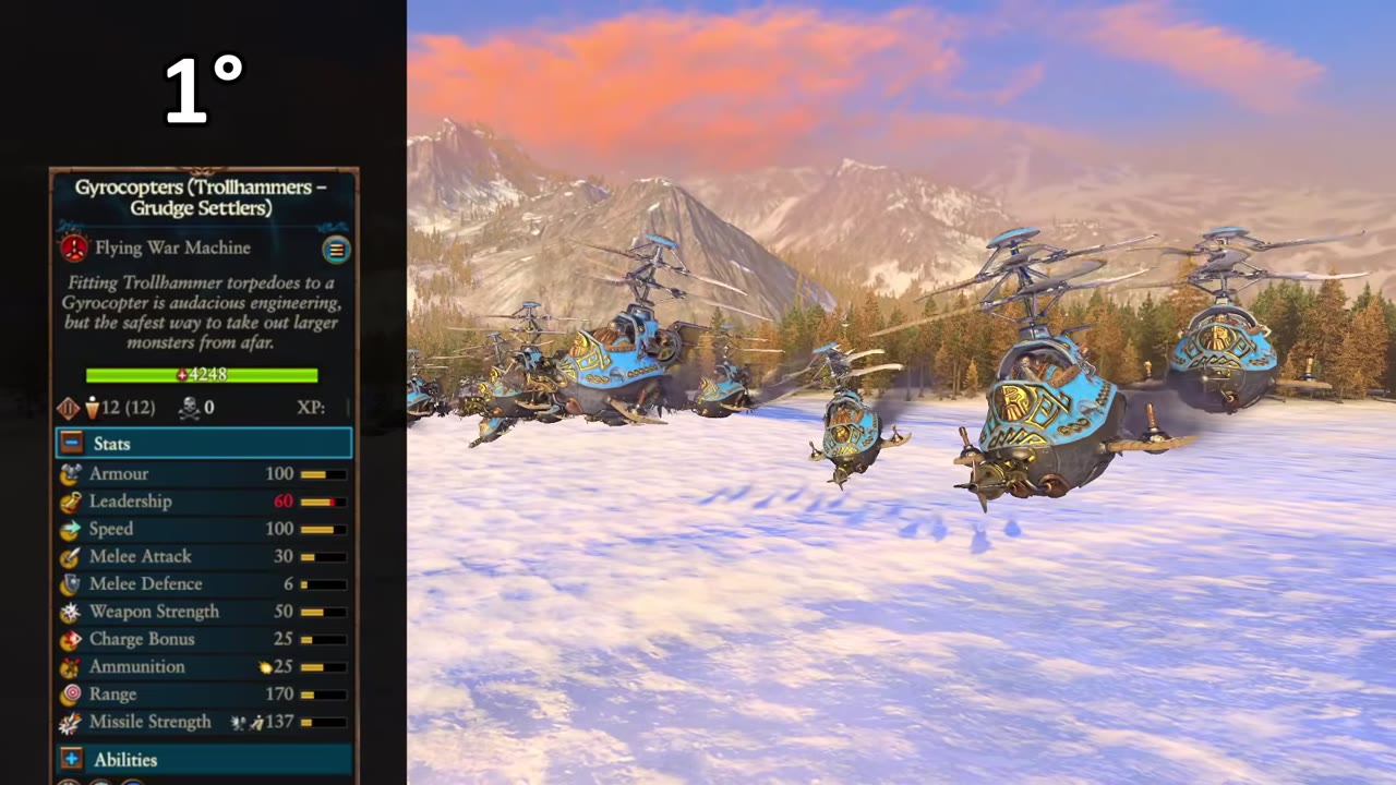 Dwarf Gyrocopter Trollhammers Grudge Settlers version flying in formation, with stats panel showing armour 100, leadership 60, speed 100, weapon strength 50, ammunition 25, range 170, missile strength 137, and description of their trollhammer torpedoes.