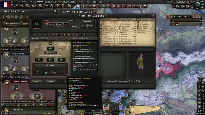 Army HQ Designer's HQ Support row with four slots, a tooltip open on Special Operations Coordination showing its bonuses