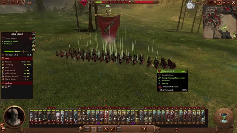 Total War: Warhammer battle view showing Grave Guard infantry being healed via Invocation of Nehek, healing effect visible, with unit panel and spell details highlighting heal per second.