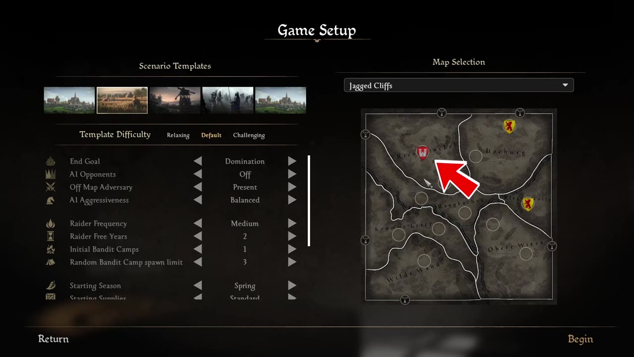Game setup screen with the Jagged Cliffs map displayed and a castle site marked with a red icon on a large cliff outcropping in the top-left region.