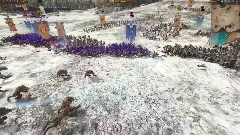 Battlefield view with three fast monster units moving ahead of the main infantry lines to engage or flank enemy units. Banners and infantry lines are visible in the background.