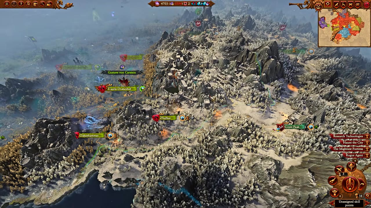 Campaign map showing Eashen, Castle Drakenhof, Zufbar, Grom Peak, Oakenhammer, and other settlements, with terrain and faction banners visible.