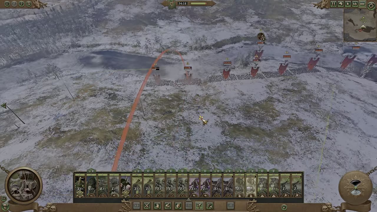 Battlefield view with Poison Wind Mortar firing a projectile in an arc towards several closely-packed enemy infantry units. Skaven unit cards are visible at the bottom.