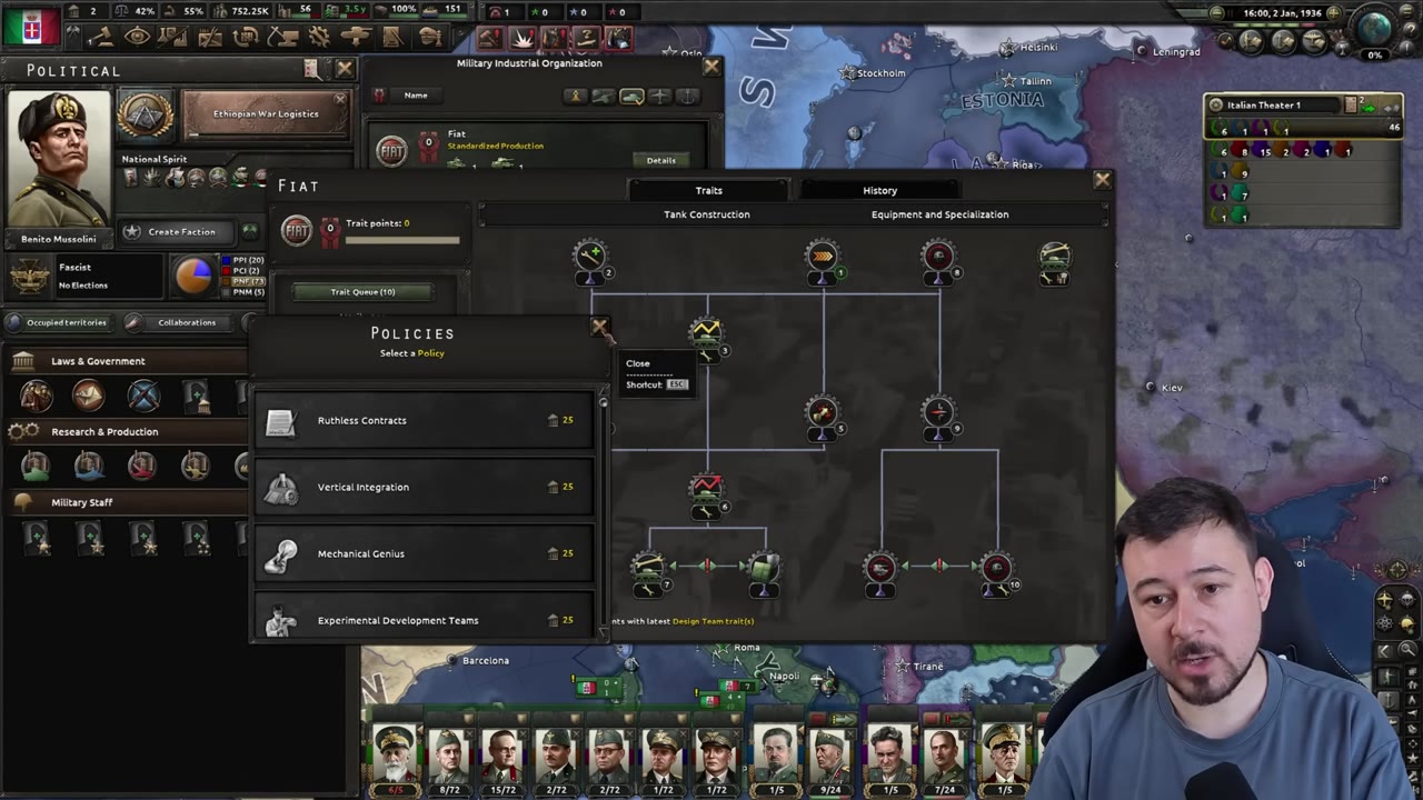 Policy selection panel for a Military Industrial Organization is open, displaying 'Ruthless Contracts,' 'Vertical Integration,' 'Mechanical Genius,' and 'Experimental Development Teams' as options.