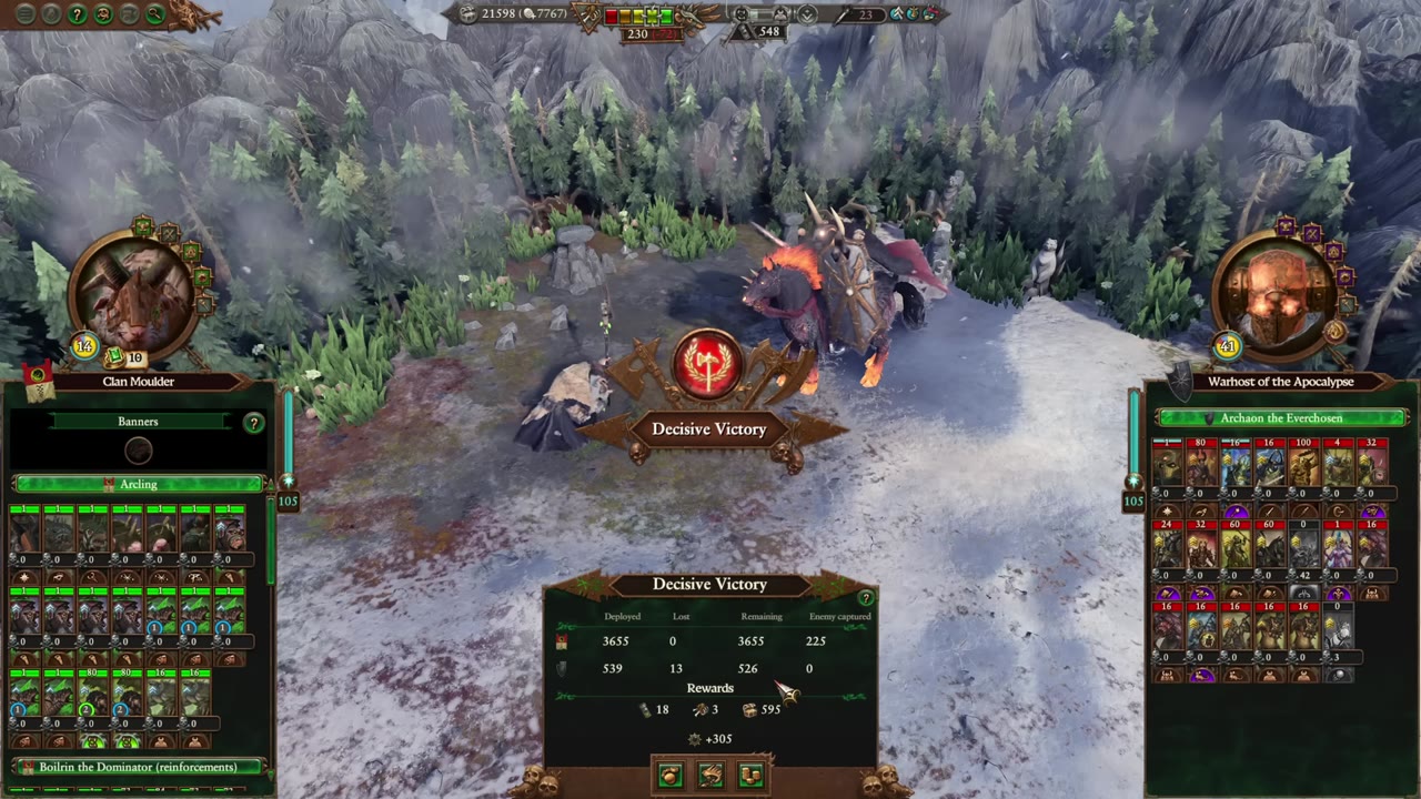 Post-battle results screen displaying deployed, lost, and remaining units, enemy captured, and clear reward options: 18 experience, 3 replenishment, 595 captives, and 305 gold.