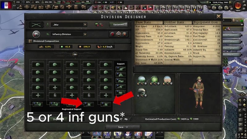 Division Designer on the 36-width single-player brick: red arrows and an on-screen label read '5 or 4 inf guns' pointing at the regimental support row; the stats panel shows 598.9 HP, 423.2 soft attack, 67.6 hard attack and 21,580 manpower.