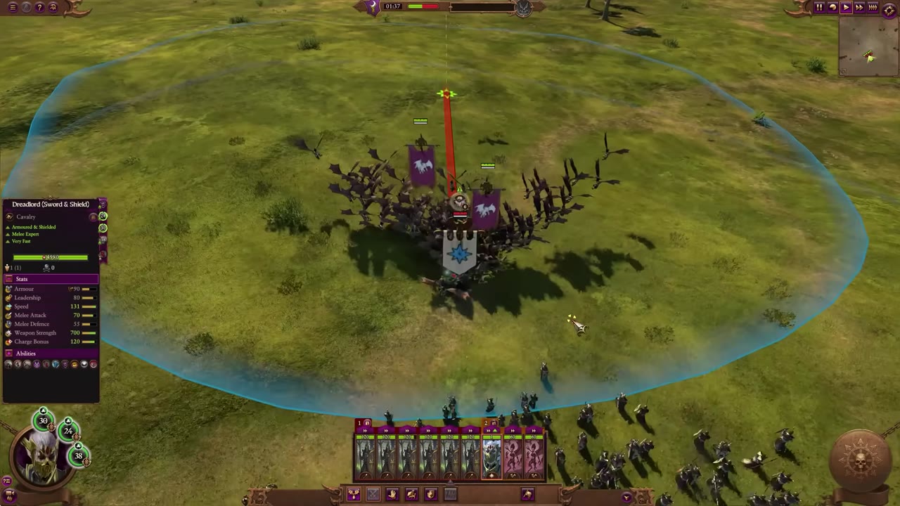 A vulnerable caster-type character with a blue banner is surrounded and attacked by multiple fast cavalry units in open ground during a Total War: Warhammer 3 battle. Unit stats for a 'Dreadlord (Sword & Shield)' cavalry are visible on the left.