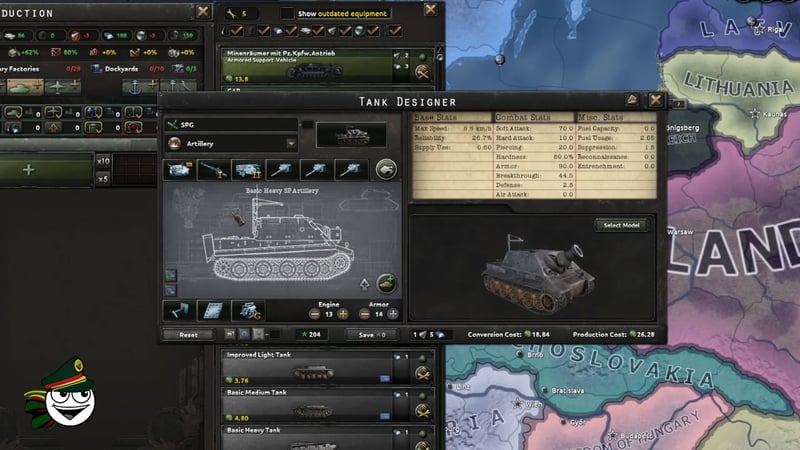 SPG tank designer screen displaying a basic heavy self-propelled artillery with medium turret, 70.0 soft attack, 20.0 piercing, 13 engine, 14 armor, and modules for soft-attack and breakthrough.