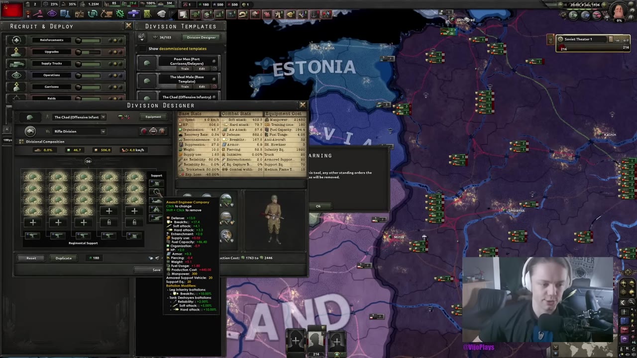 Division Designer with a tooltip open on 'Assault Engineer Company' listing its stats, while a 'WARNING' popup about resetting standing orders covers part of the map behind it
