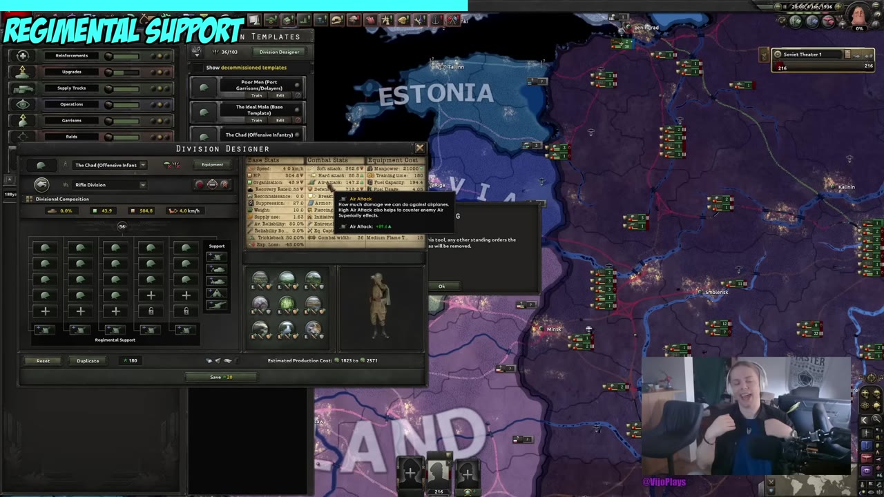 Division Designer with an Air Attack tooltip open, showing the division's air attack figure at roughly 86 next to the regimental support row.