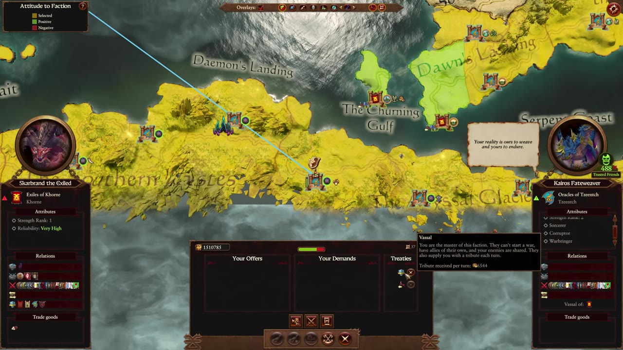 Campaign map view with southern settlements, visible army icons, war paths, and faction information for Skarbrand and Kairos Fateweaver. Tribute per turn and strength rank are displayed.