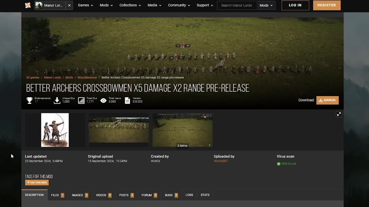 Mod page for Better Archers Crossbowmen X5 damage X2 range pre-release, showing version 0.8.002, battle scene with archers, last update date, and manual download option.