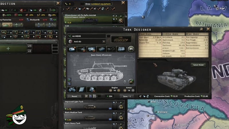 Tank Designer screen with a heavy anti-air tank labeled AA MEME, featuring modules for sloped armor, welded armor, engine upgrades, and armor, with stats including armor 144.1 and production cost 22.60.