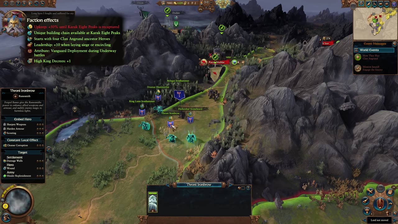 Map screen with Belegar Ironhammer and his four ancestral heroes (Throni Ironbrow, King Lunn Ironhammer, Halkenhaft Stonebeard, Dramar Hammerfist) visible near Karak Eight Peaks. Faction effect overlay lists 50% upkeep penalty until Karak Eight Peaks is captured, unique buildings, bonuses for sieges and Underways, and extra leadership.