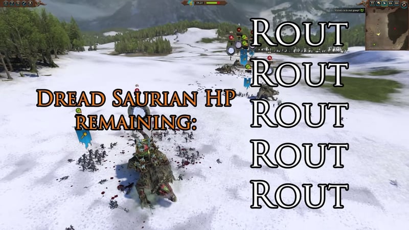 Battle screen showing five Dread Saurians, each labeled 'ROUT', with 'Dread Saurian HP remaining:' prominently displayed.