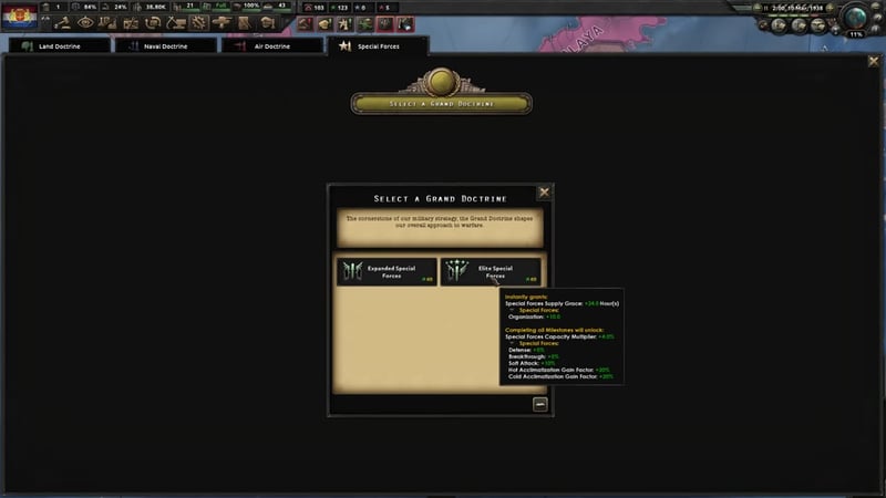 Special Forces doctrine selection dialog comparing Expanded Special Forces and Elite Special Forces, with a tooltip listing Elite's organisation, defense, breakthrough and soft-attack bonuses
