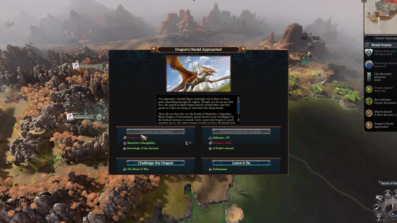 Imrik's dragon event window titled 'Dragon's Herald Approached' with four options—Consult (spends treasury for buffs), Bargain (spends treasury for influence), Challenge (starts quest battle), and Leave It (forbearance)—and descriptions of their effects.
