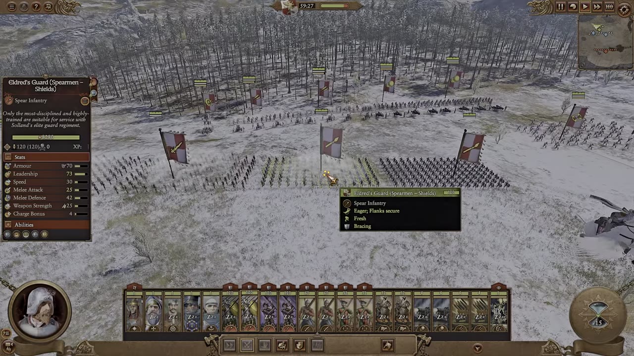 Eldred's Guard Guard (Spearmen - Shields) unit selected in Total War: Warhammer, with detailed stats visible: 70 armor, 73 leadership, 30 speed, 28 melee attack, 42 melee defense, 25 weapon strength, 4 charge bonus, and abilities listed.