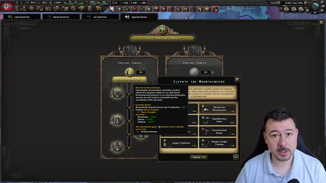 The Elevate the Mountaineers dialog with a tooltip on its first perk: Mountaineer Special Forces Cap Contribution -25%, and Recon Rangers granting Mountain Movement +10%, Attack +10% and Defense +10%