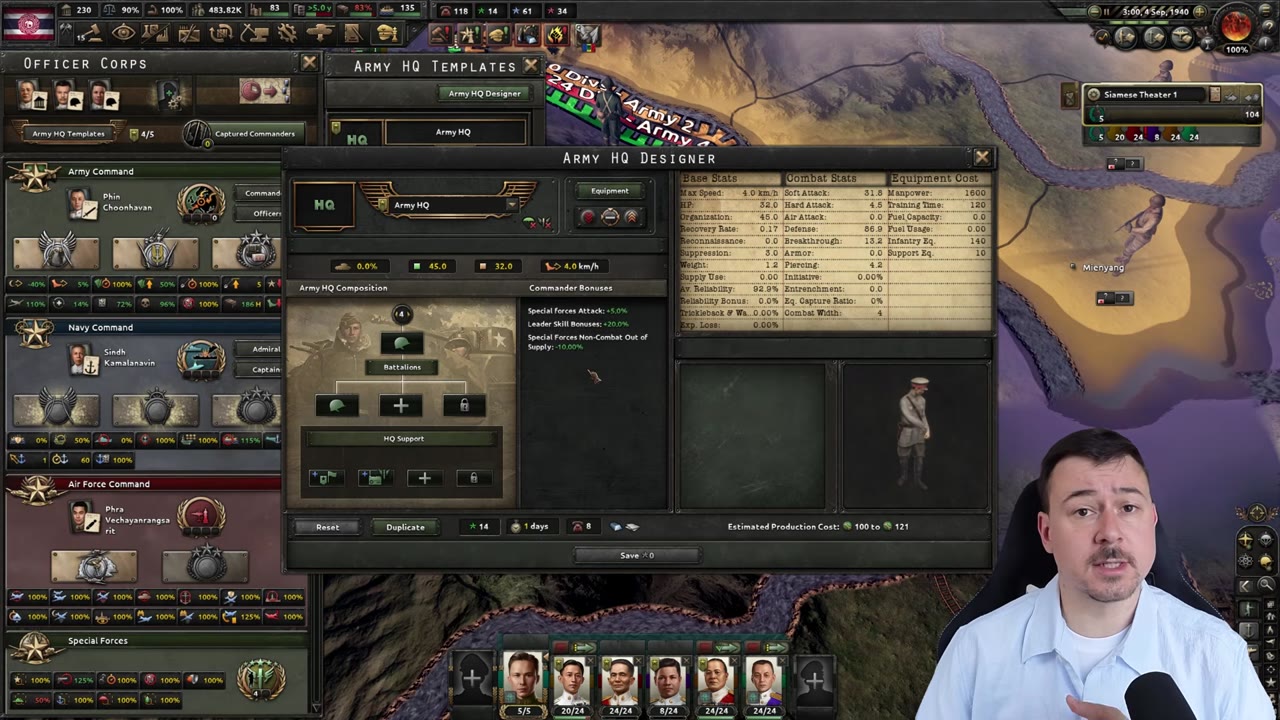 The Army HQ Designer's Commander Bonuses panel, listing bonuses including +5.0% special forces attack and +20.0% leader skill bonuses, next to the HQ's composition slots and combat-stats table.