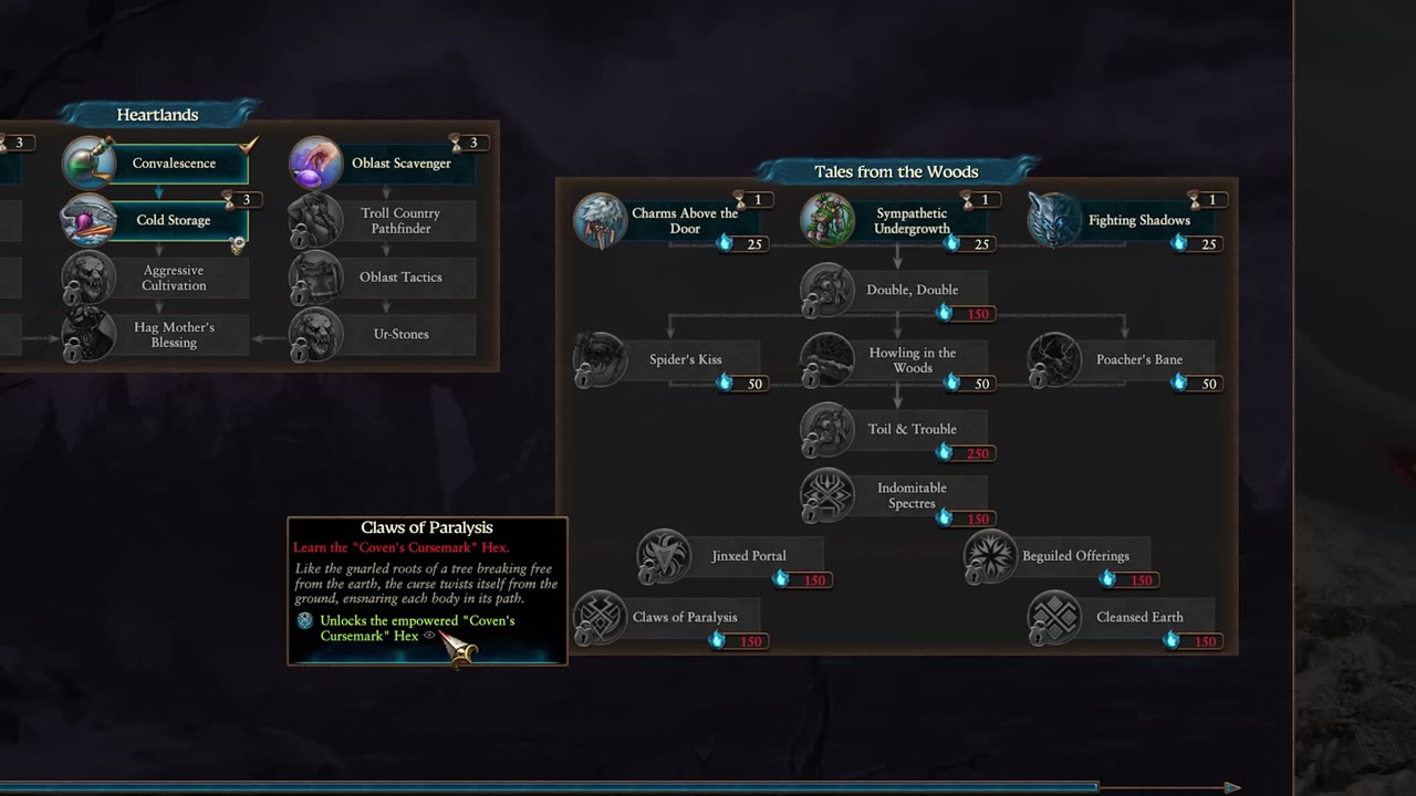Mother Ostankya's research menu showing multiple Hex abilities such as Charms Above the Door, Sympathetic Undergrowth, Fighting Shadows, and Spirit Essence costs for upgrades, with a tooltip for Claws of Paralysis (Coven's Cursemark Hex).