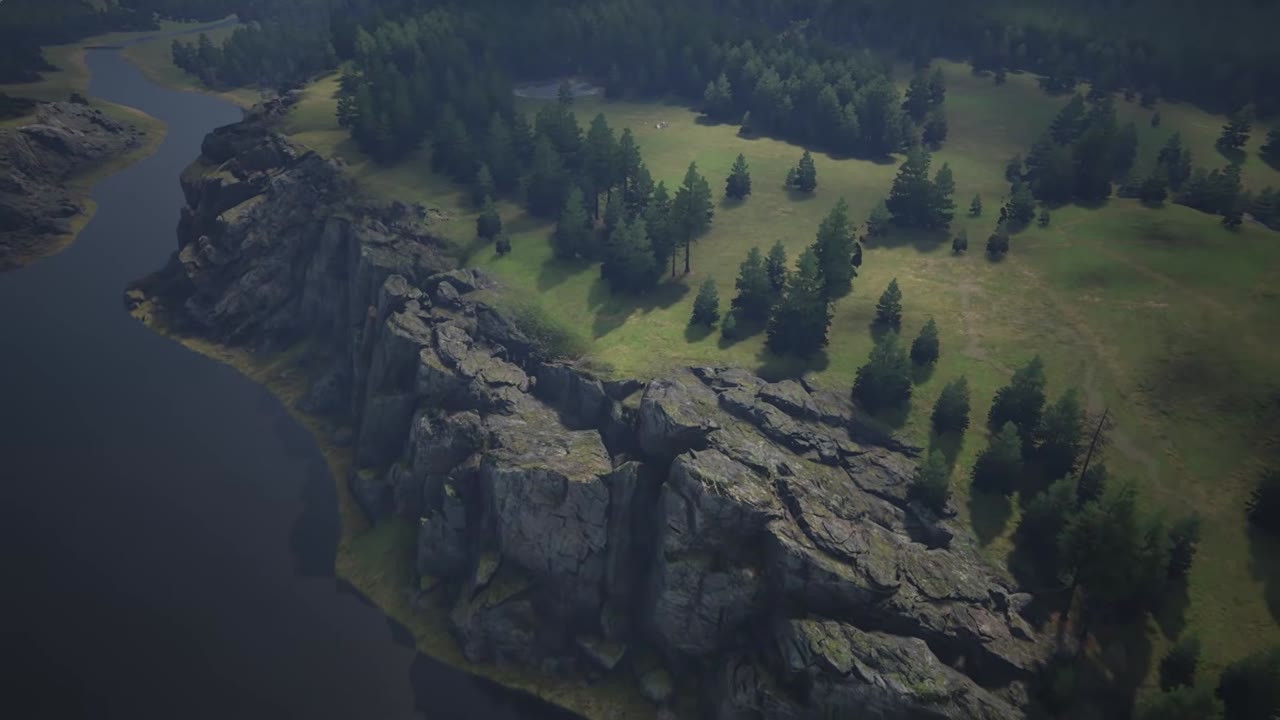 Lake map ridge line with a castle location set above the water.