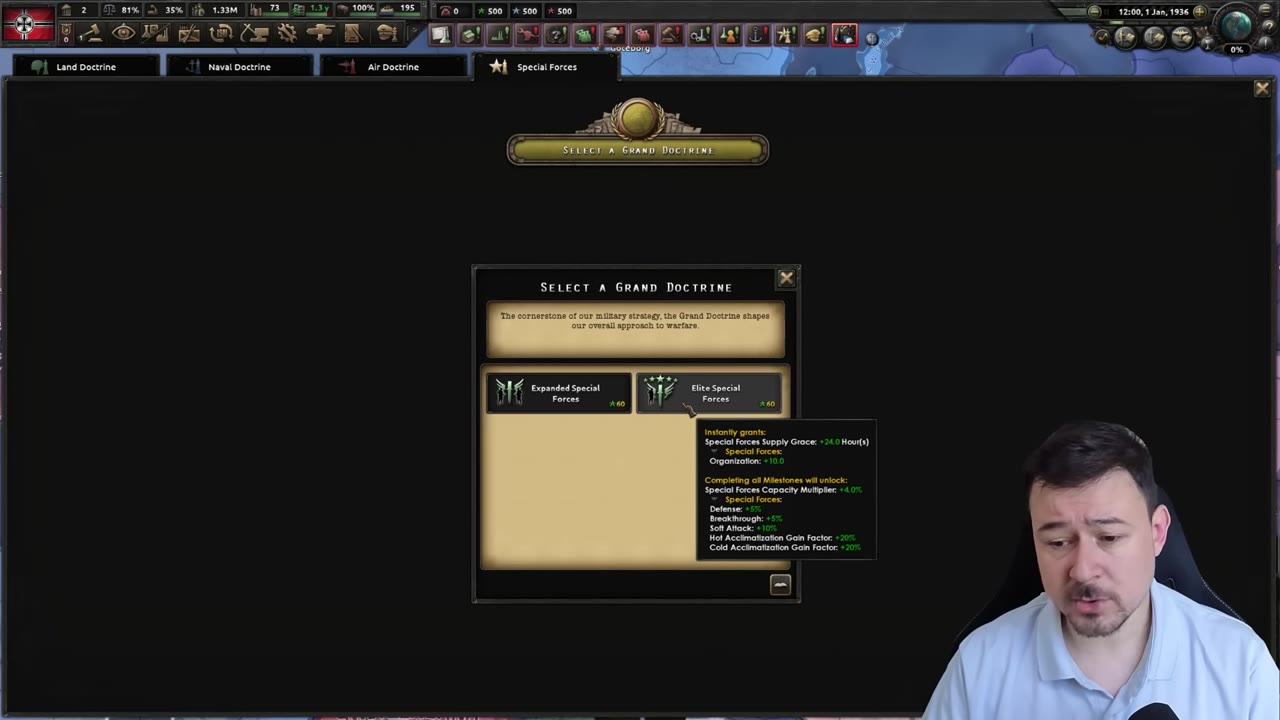 The Elite Special Forces tooltip on the Select a Grand Doctrine panel, with its milestone section showing Defense +5%, Breakthrough +5% and Soft Attack +10%