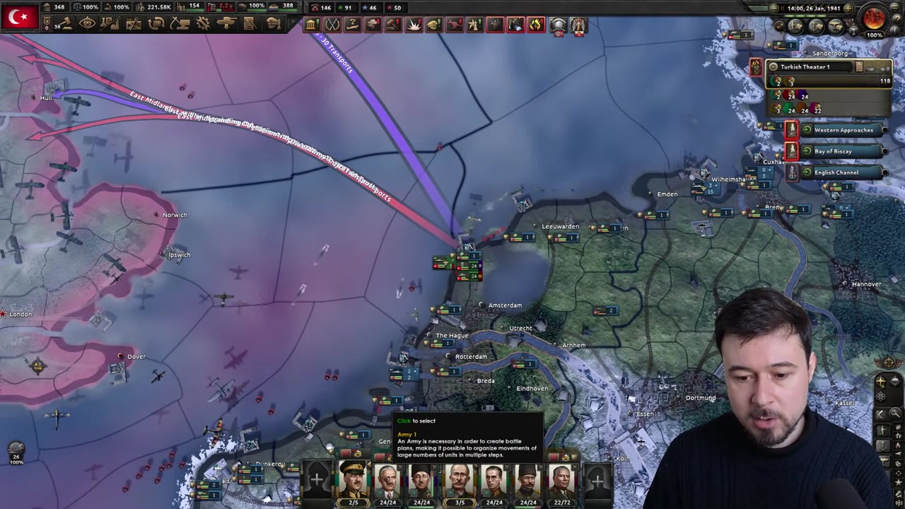 A naval invasion route targets the UK from the North Sea, demonstrating the minimal sea-zone requirement using this setup before war starts.