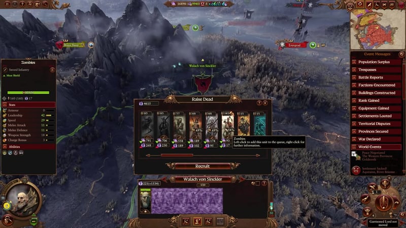 Raise Dead recruitment interface in Total War: Warhammer showing available units including zombies, dire wolves, skeleton warriors, and their stats for instant recruitment near Brass Keep.