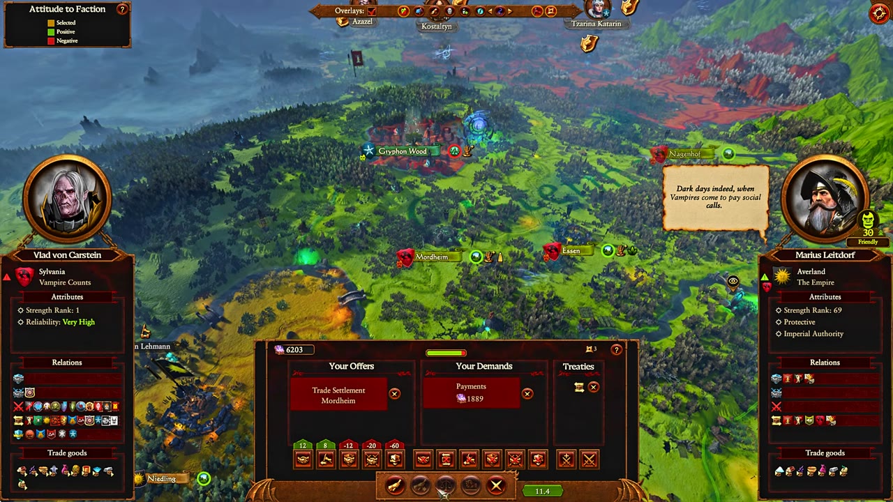 Diplomacy screen with Vlad von Carstein and Marius Leitdorf, showing a trade settlement offer for Mordheim, payment demand, and the relationship meter at the top.