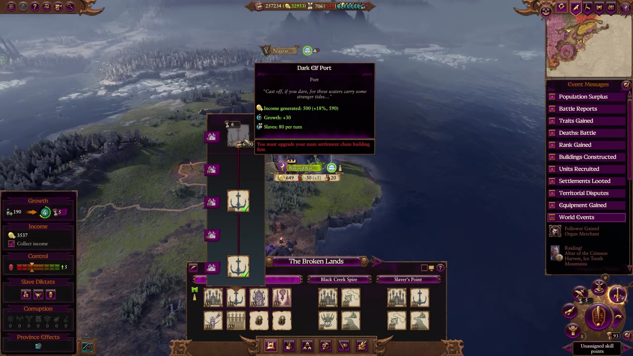 Karond Kar's port provides substantial bonuses to income, growth, and slave production, demonstrating how slave management fuels the Dark Elf economy.