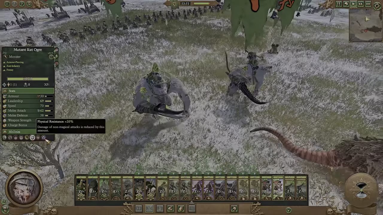 Mutant Rat Ogre unit info panel open in battle view showing stats: 30 armour, 69 leadership, 70 speed, 76 melee attack, 38 melee defence, frenzy ability, physical resistance, and other abilities. Two mutant rat ogres are visible, along with other Skaven units behind.