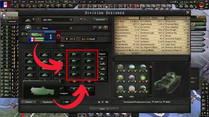 Division Designer on the 38-width SPG template, with SPG battalions filling the left columns and eight camel battalions boxed in red on the right; the stats panel lists 16,800 manpower, 1461.0 soft attack and 126.4 hard attack.