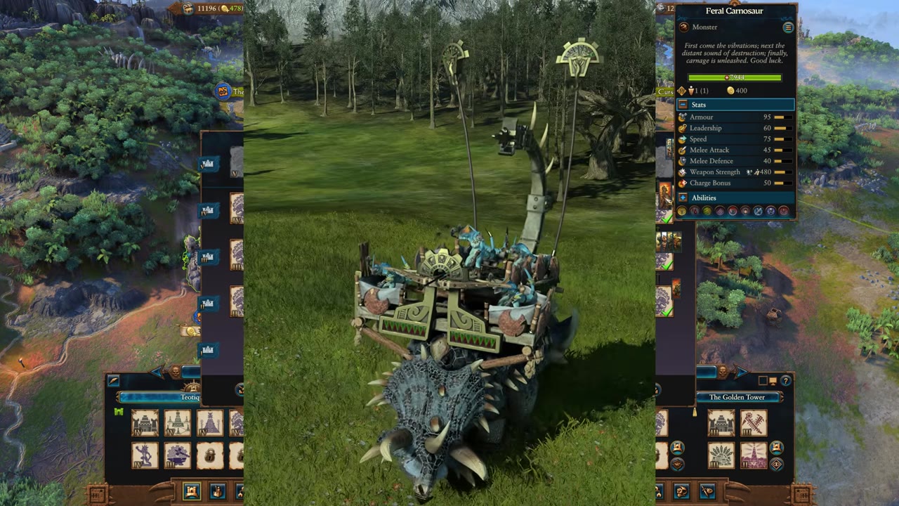 Tier-four Lizardmen recruitment/building panel with Stegadon unit unlocked and visible in the center, alongside other tier-four options like Feral Carnosaur.