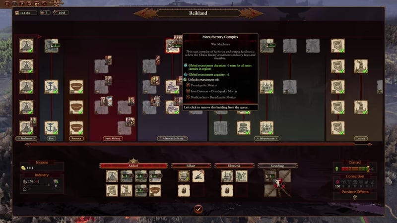 Chaos Dwarf tower province building screen with movement and recruitment bonuses visible, including Patrol Routes at tier 5 for 20% campaign movement range and Manufactury Complex granting global recruitment duration reduction and capacity increase.