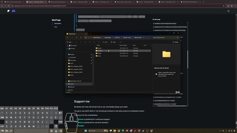 File Explorer window open to the Manor Lords directory showing Binaries, Content, Plugins, and Saved folders, ready for mod file removal.