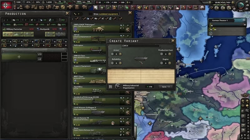 Create Variant screen for the LWS II amphibious tractor, with Armor, Production Cost, Reliability and Engine sliders all at their baseline of 0