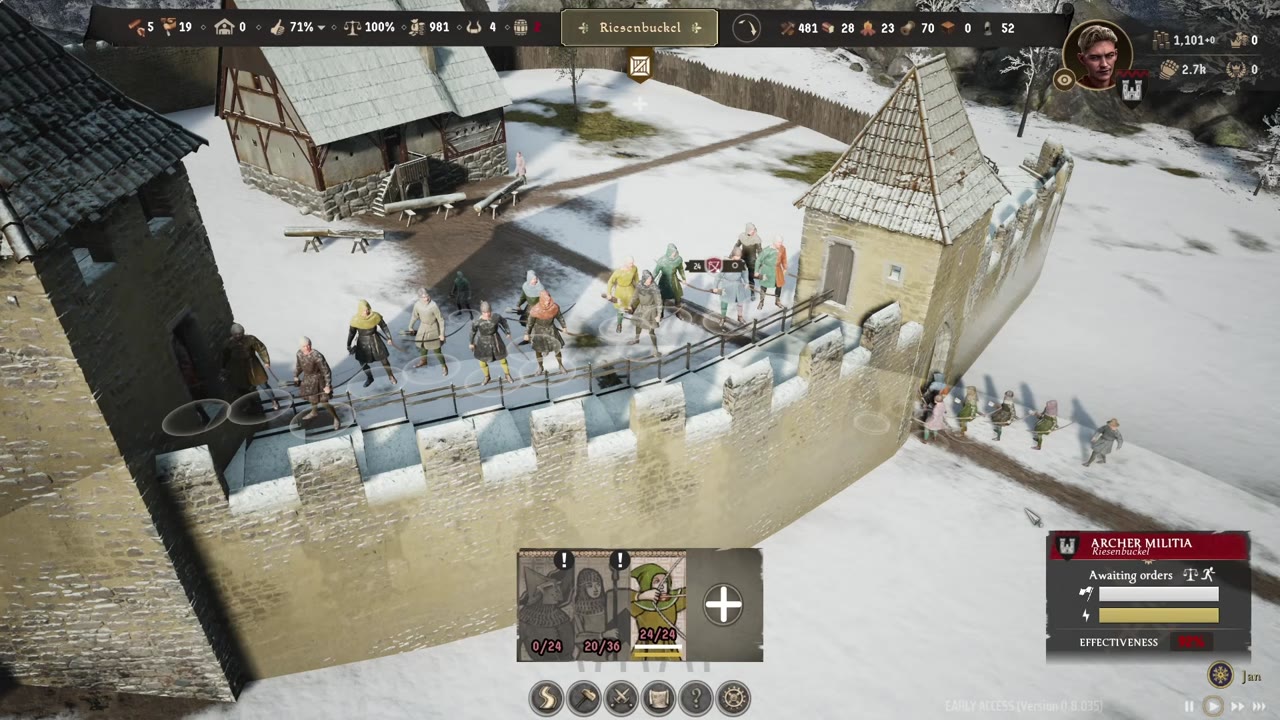 Combat view showing garrisoned units lined up on castle ramparts, with unit effectiveness, orders panel, and resource bars visible.