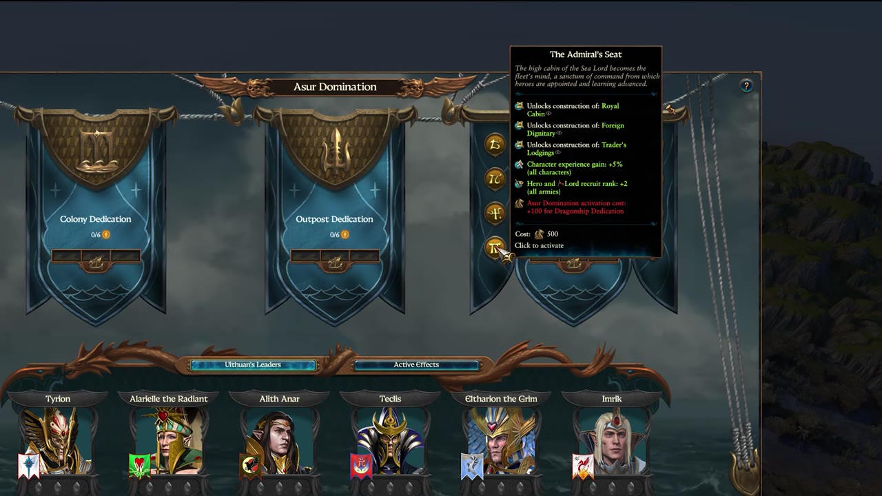 Dedication menu with three tracks: Colony Dedication, Outpost Dedication, and Dragon Ship Dedication. Each track displays a progress bar out of 6. The tooltip for 'The Admiral's Seat' dragon ship dedication is open, detailing its benefits and cost (500 gold). High Elf faction leaders are listed below.