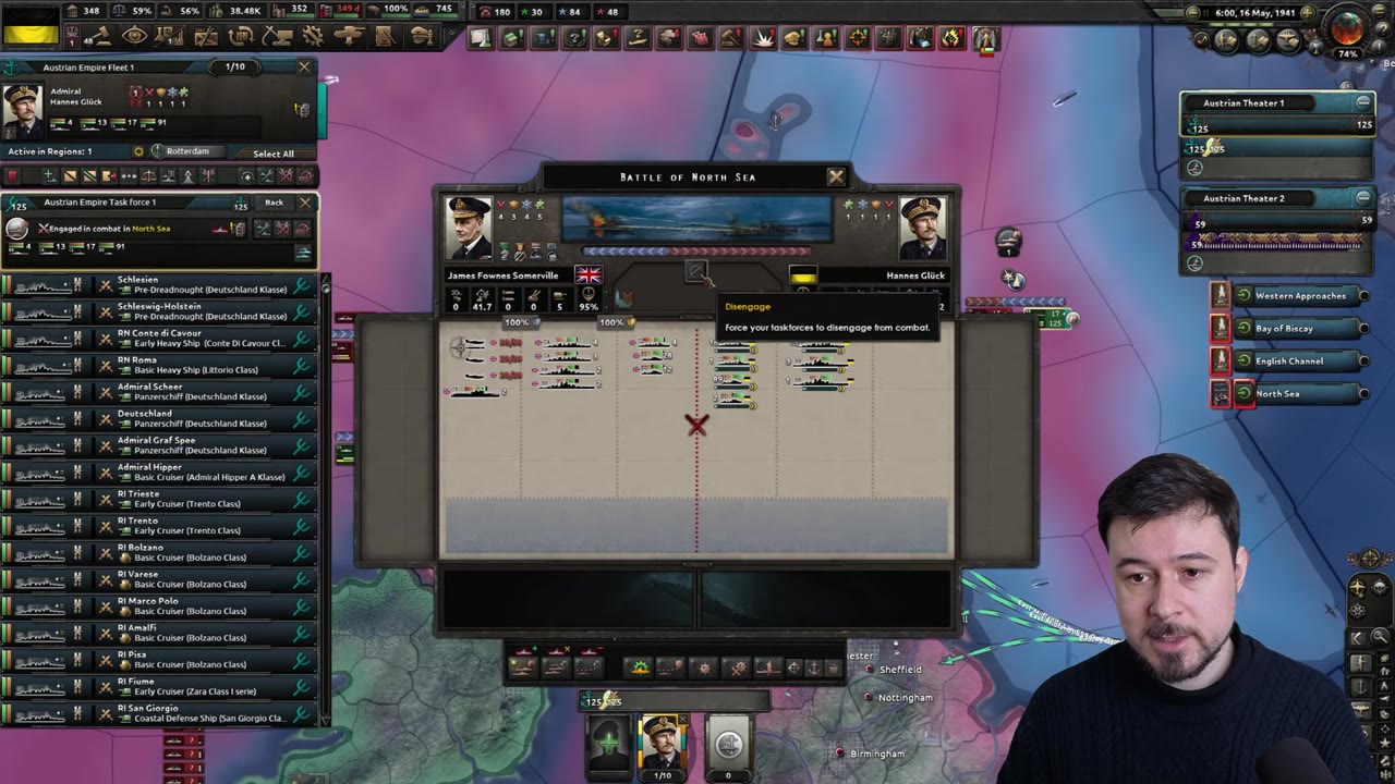The disengage button is highlighted during an active naval battle, letting the player escape risky fights.
