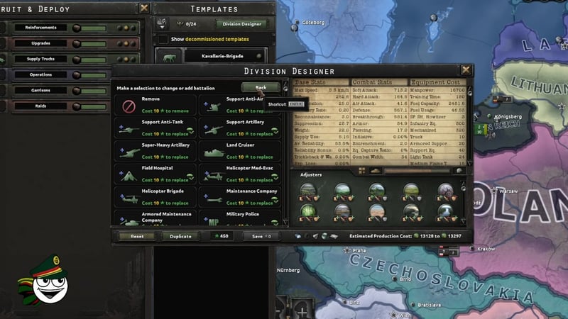 Hearts of Iron IV Division Designer screen displaying tank battalions, support company options including super-heavy artillery, support anti-tank, and combat stats for an armored division template.
