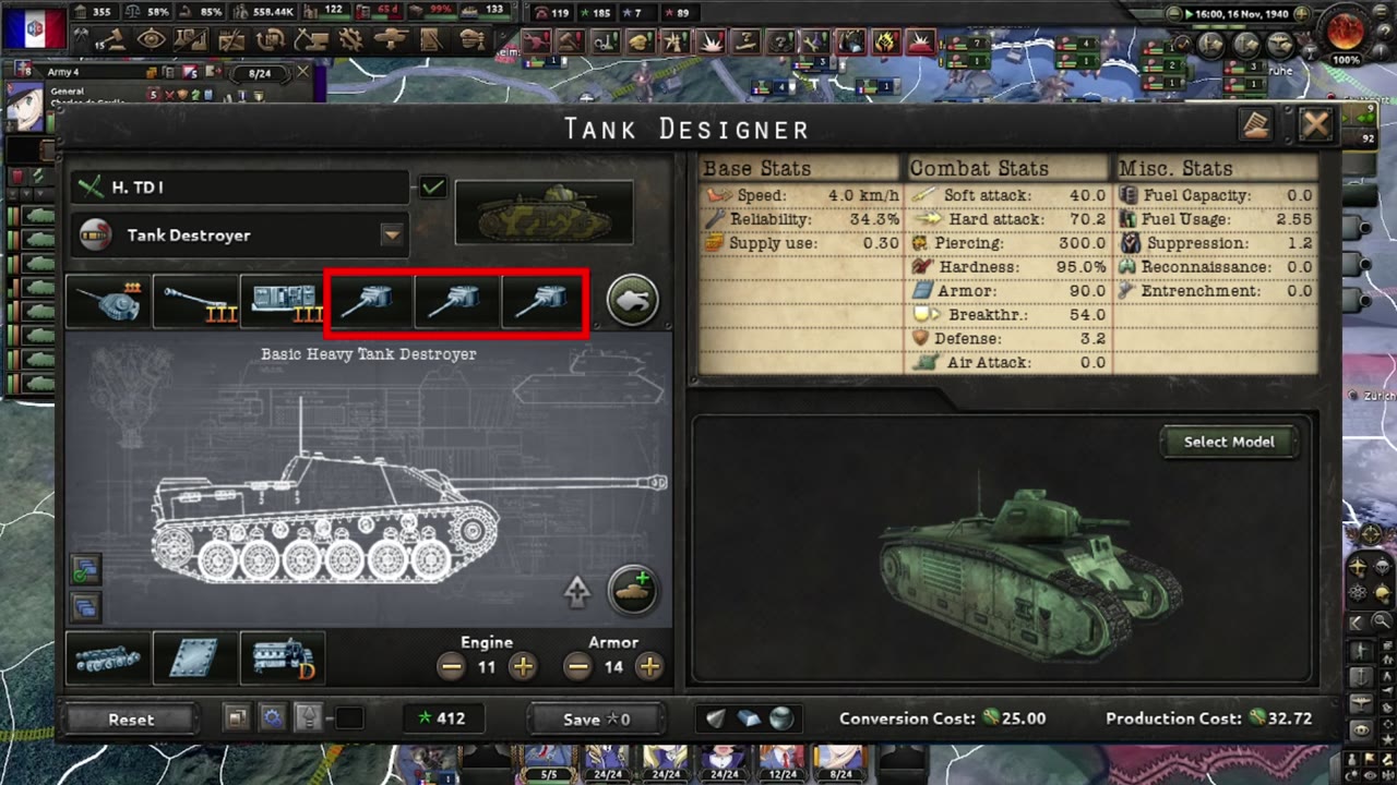 Tank Designer open on the Basic Heavy Tank Destroyer (H. TD I), with a red box around three small cannon modules next to the turret, single cannon and radio icons; the engine module reads 'D' for diesel, and stats list 70.2 hard attack, 54.0 breakthrough, 90.0 armor and 14 armor clicks.